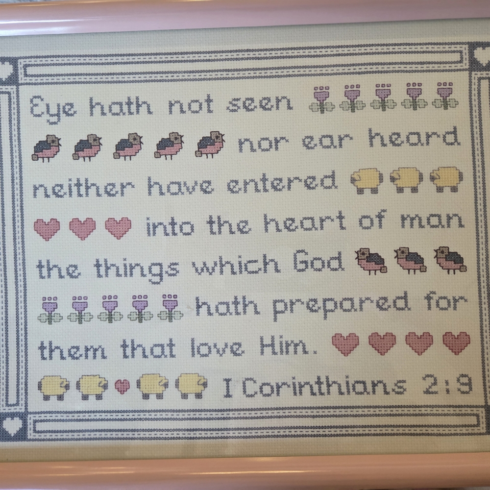 Graphic Image Pink Blue Yellow Cross Stitch Verse Sampler